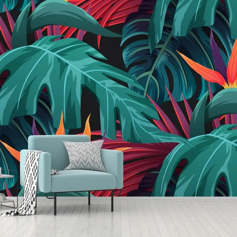 Fototapete lebendige tropische blätter und exotische blumen