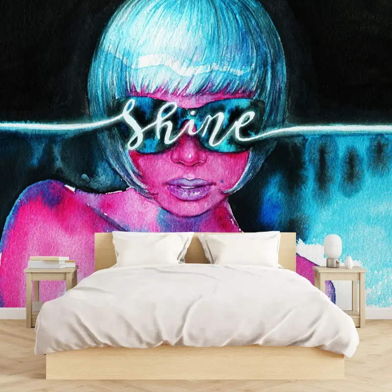 Fototapete neon aquarellporträt mit shine schriftzug