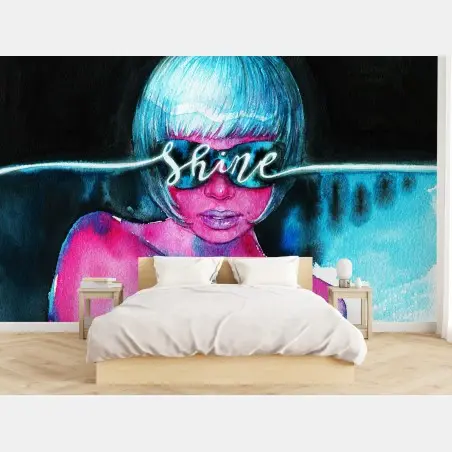 Fototapete neon aquarellporträt mit shine schriftzug – Pixers®