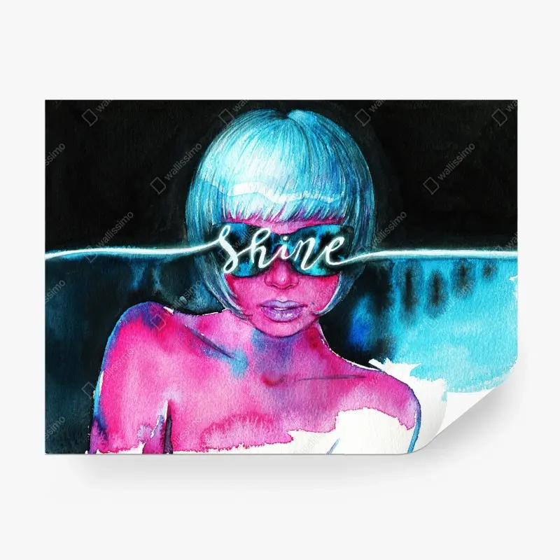 Fototapete neon aquarellporträt mit shine schriftzug