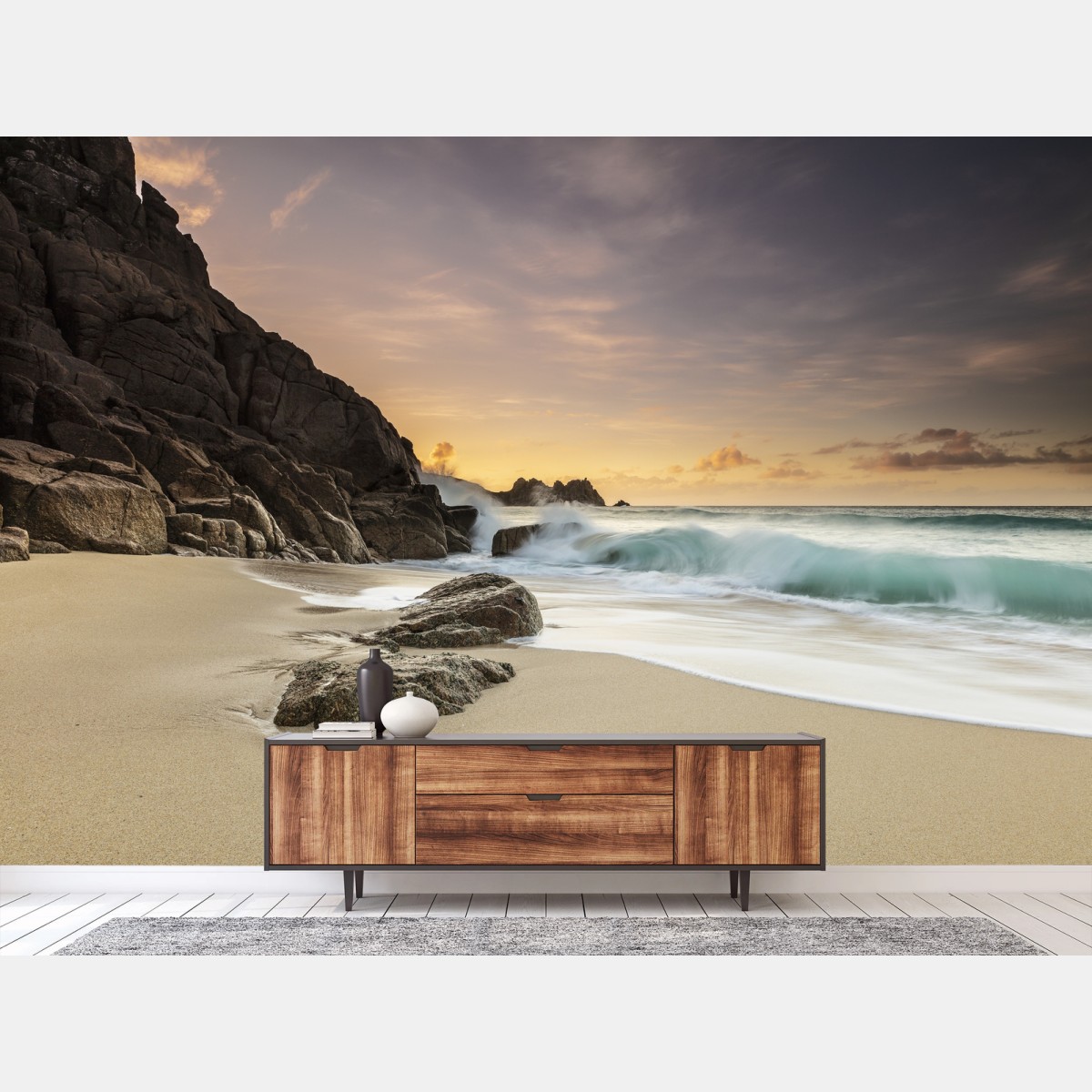 Fototapete ruhiger felsstrand bei sonnenuntergang – Pixers®