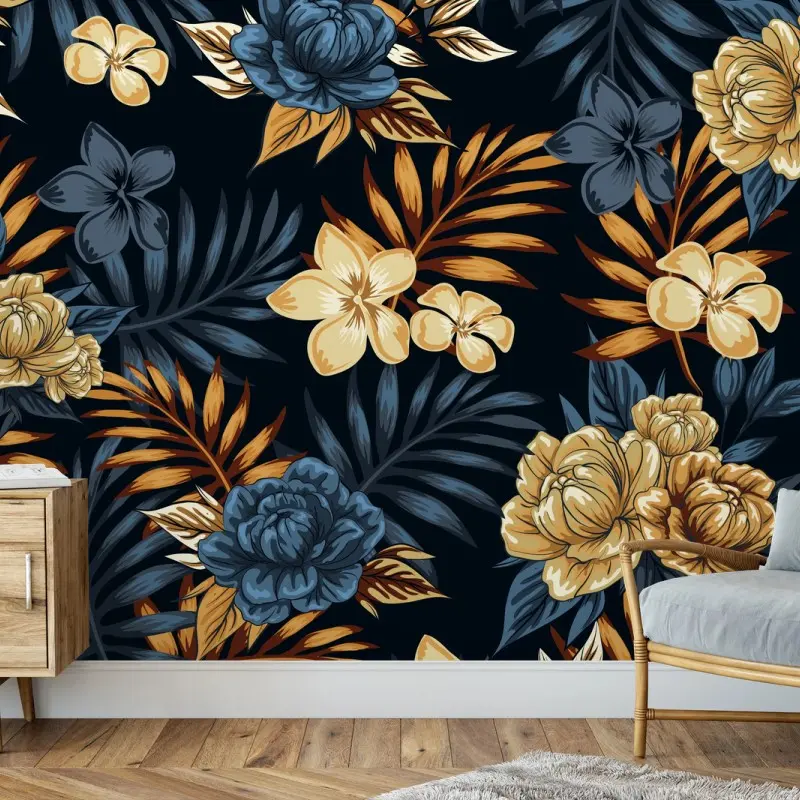 Fototapete marineblaue und goldene vintage blumenmuster