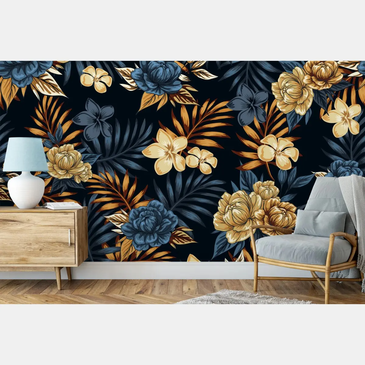 Fototapete marineblaue und goldene vintage blumenmuster – Pixers®