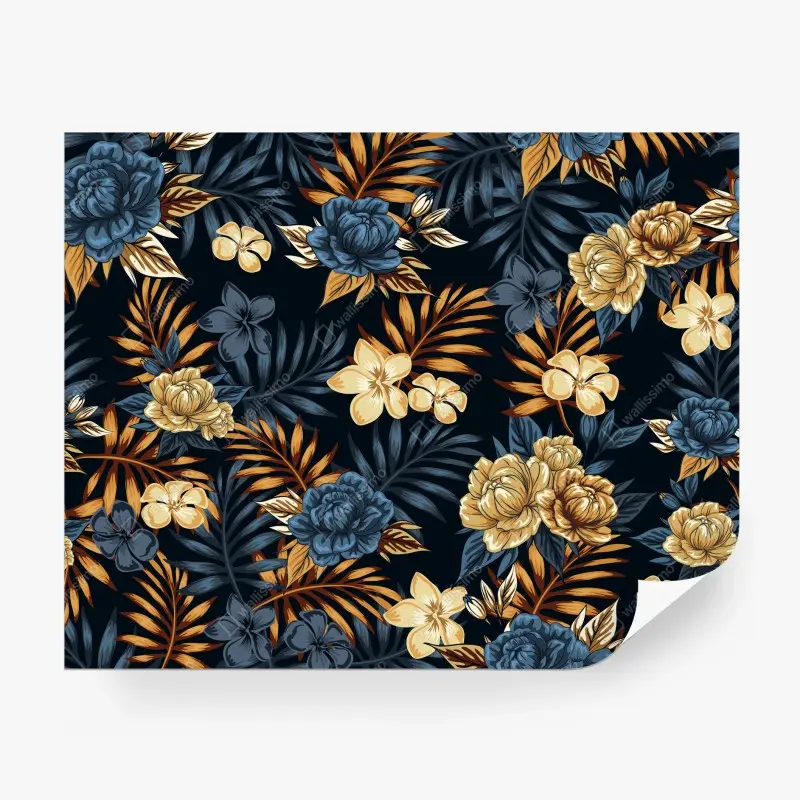 Fototapete marineblaue und goldene vintage blumenmuster