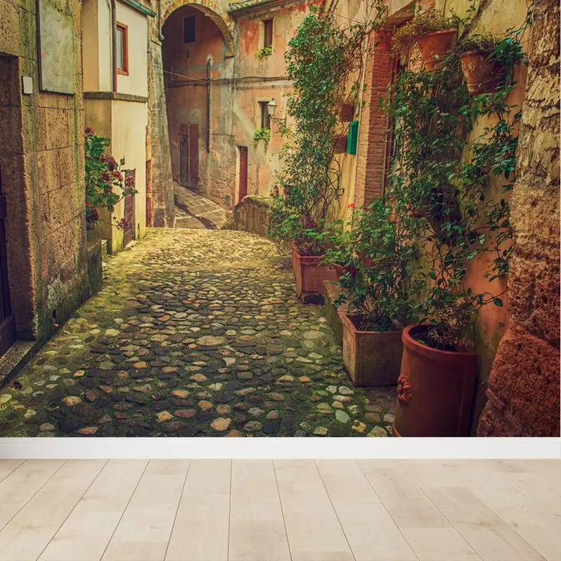 Fototapete sonnige kopfsteinpflastergasse in der altstadt