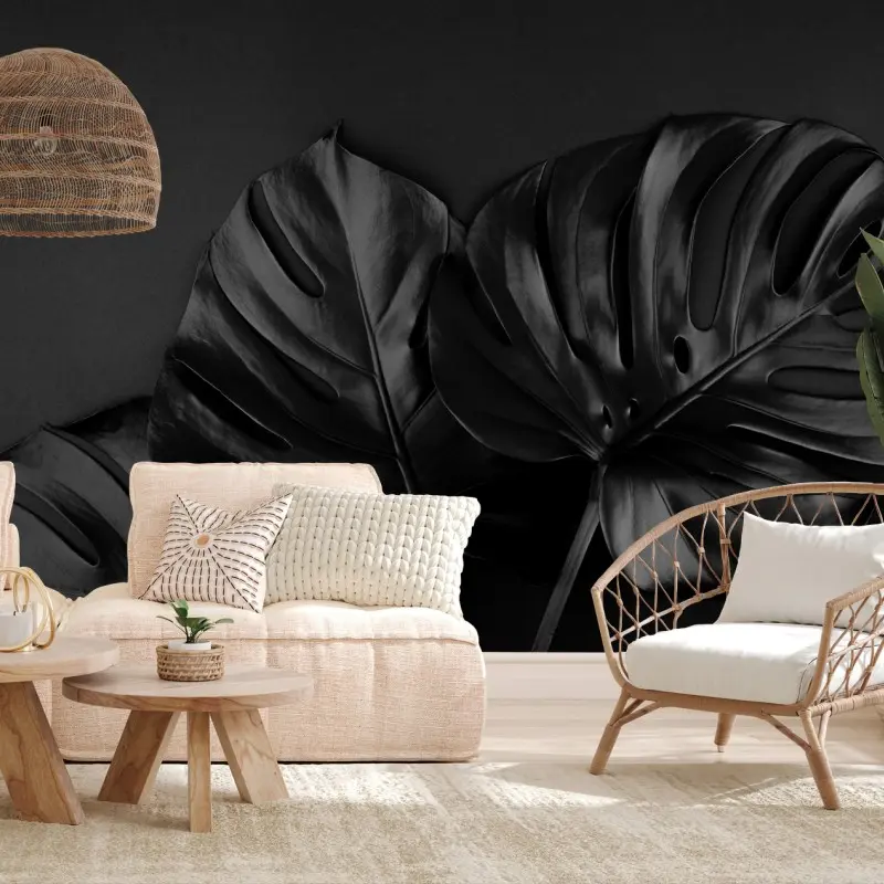 Fototapete schwarze monstera-blätter auf dunklem hintergrund