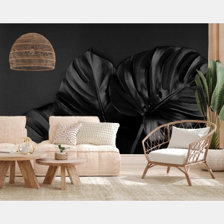 Fototapete schwarze monstera-blätter auf dunklem hintergrund – Pixers®
