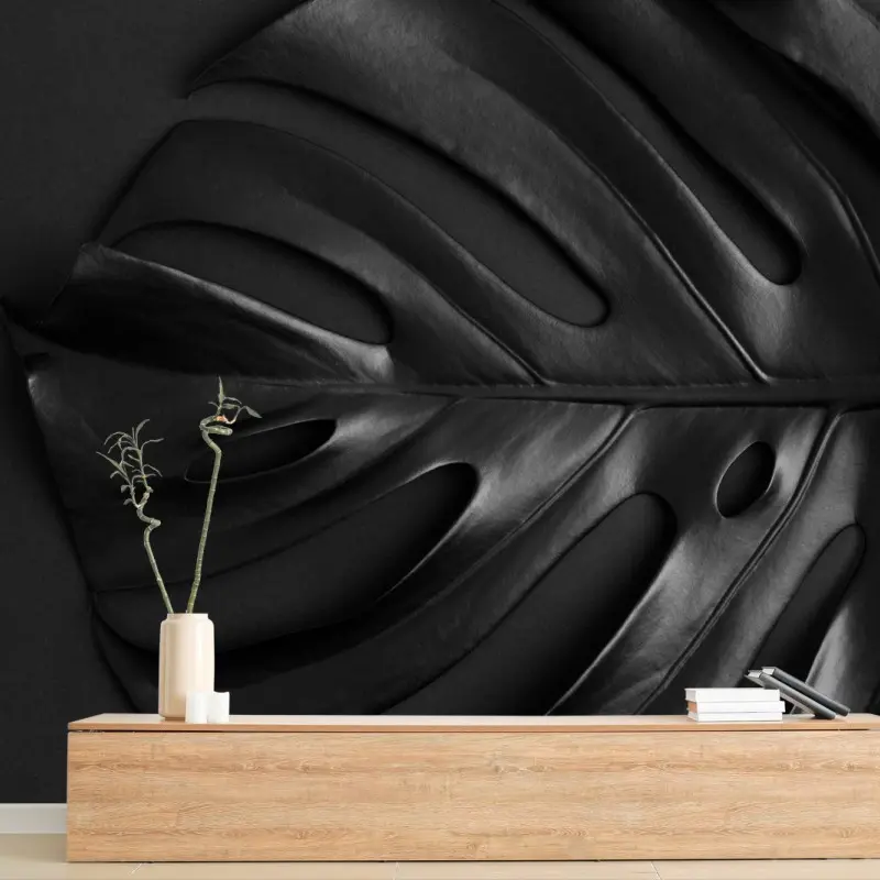 Fototapete schwarzes monstera blatt