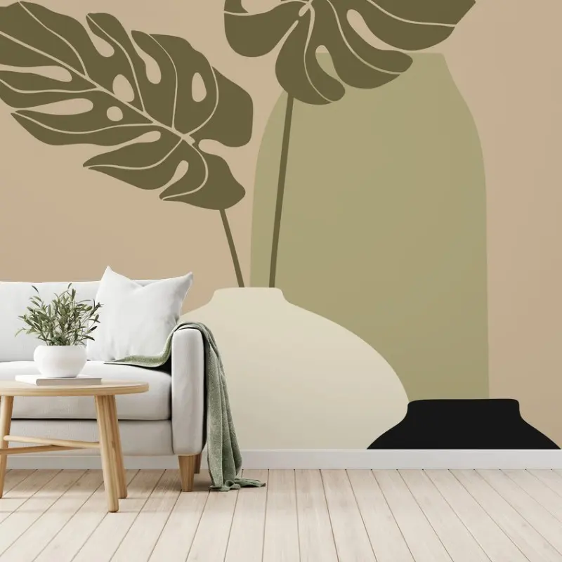 Fototapete minimalistische monstera-komposition mit vasen