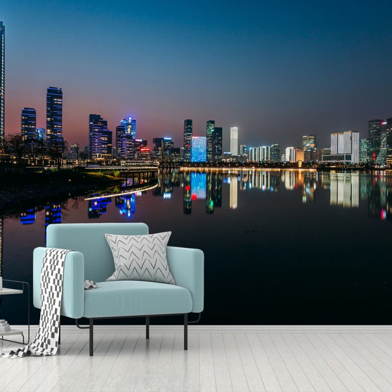 Fototapete stadt skyline spiegelung bei dämmerung
