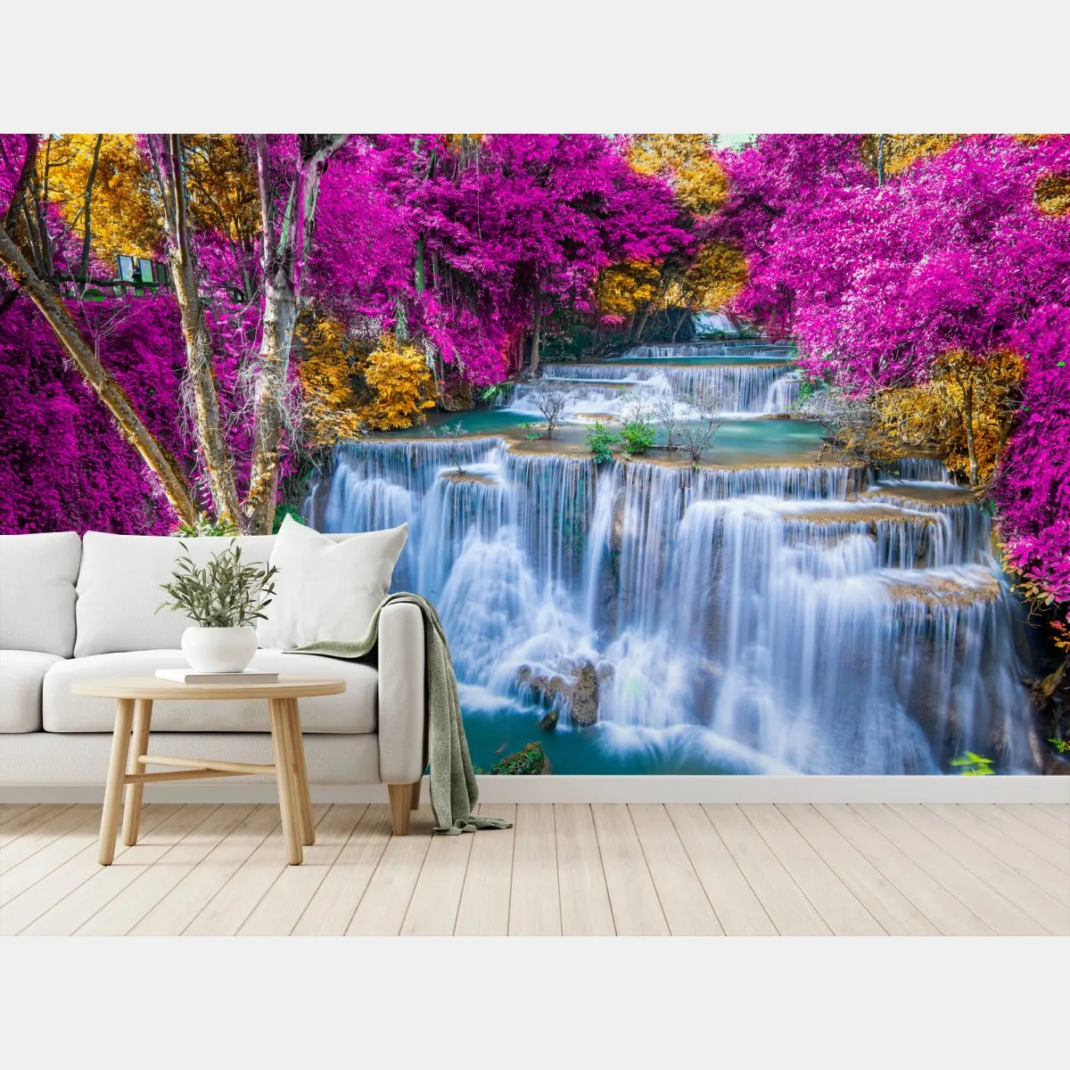 Fototapete leuchtender violetter wasserfall in dichtem wald – Pixers®