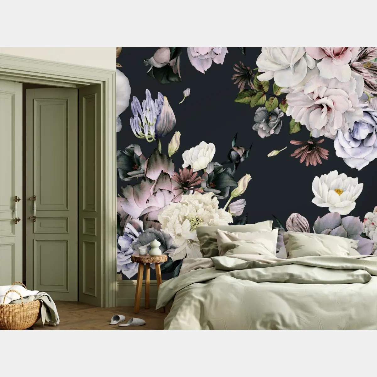 Fototapete zartes aquarell-blumenmuster auf dunklem hintergrund – Pixers®