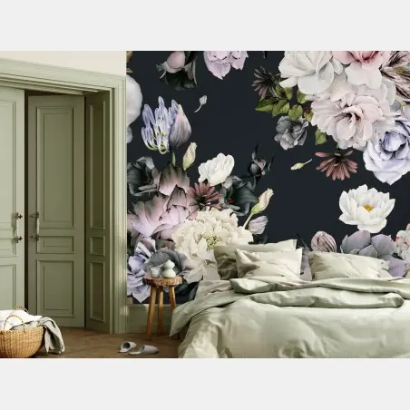 Fototapete zartes aquarell-blumenmuster auf dunklem hintergrund – Pixers®