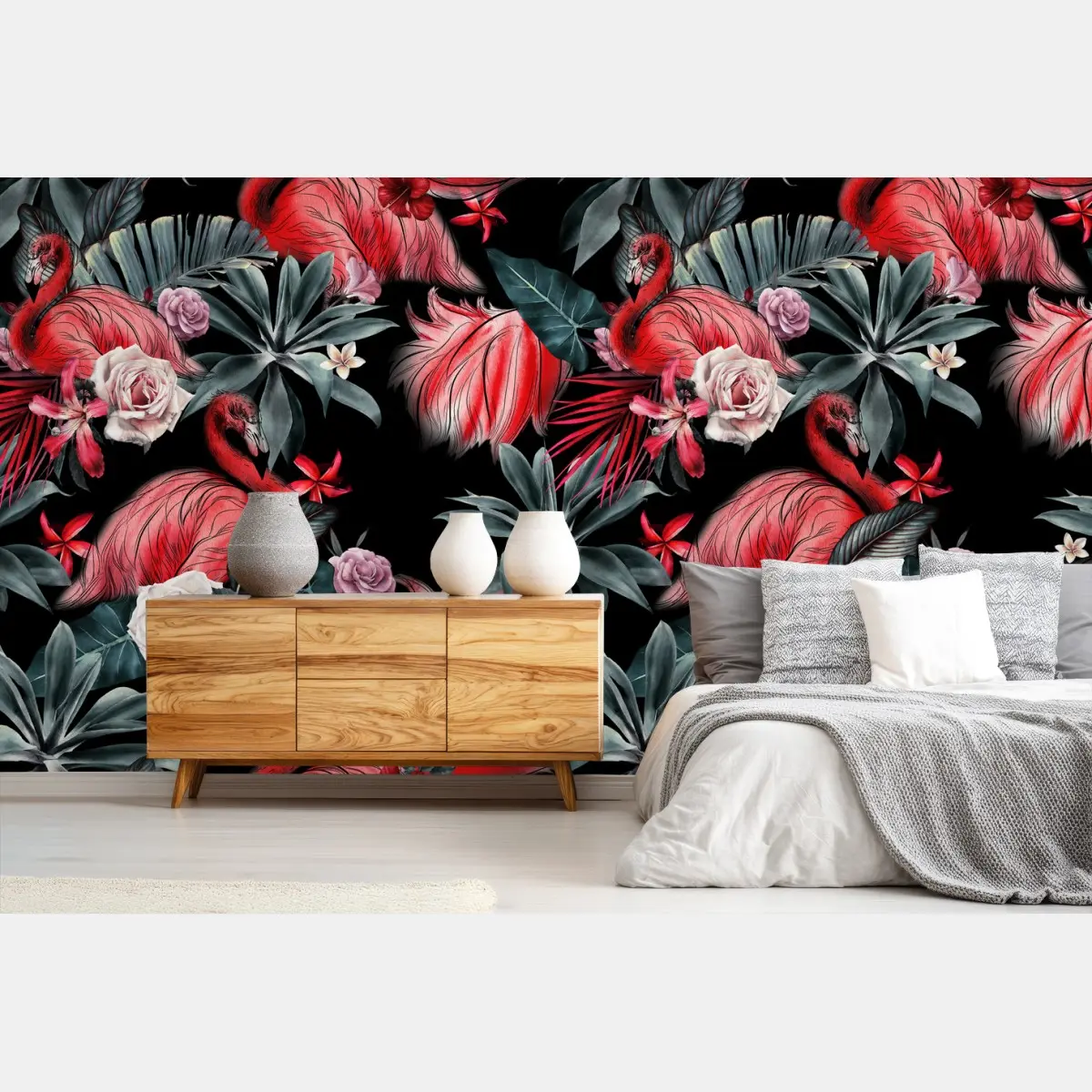 Fototapete rosa flamingo tropisches blumenmuster – Pixers®