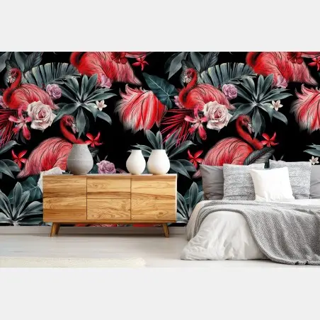 Fototapete rosa flamingo tropisches blumenmuster – Pixers®