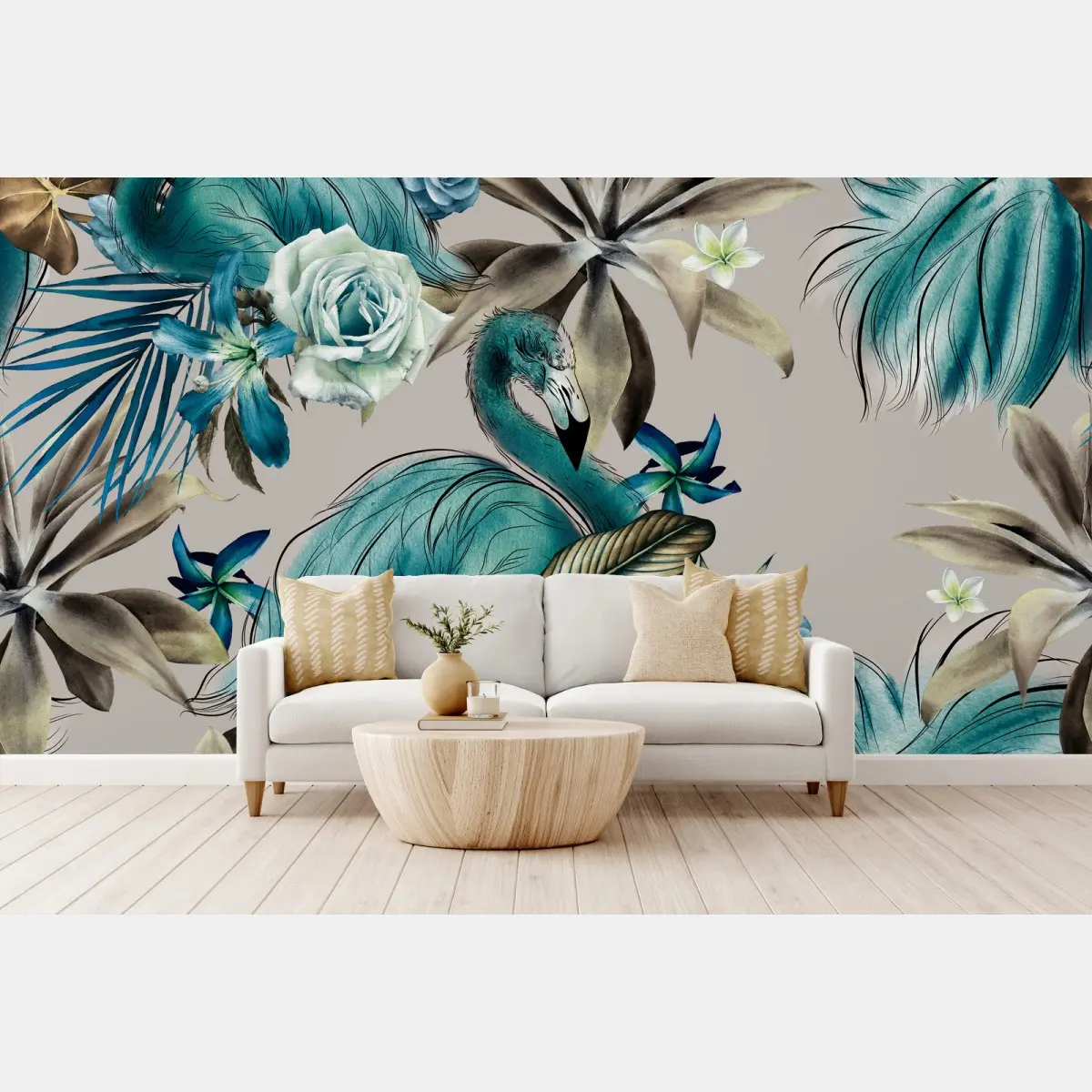 Fototapete türkis muster mit flamingo und blumen – Pixers®