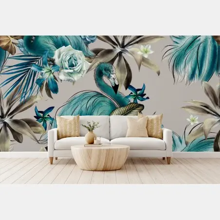 Fototapete türkis muster mit flamingo und blumen – Pixers®