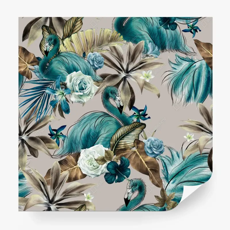 Fototapete türkis muster mit flamingo und blumen