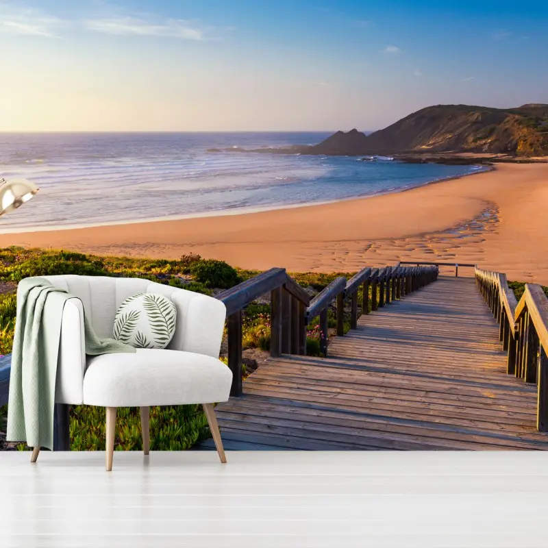Fototapete sonniger holzsteg zur Praia da Amoreira