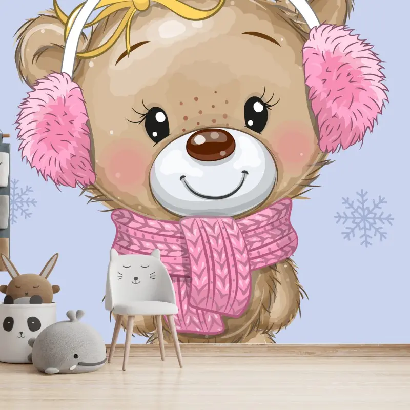 Fototapete süßer teddybär mit rosa ohrenschützern und schal