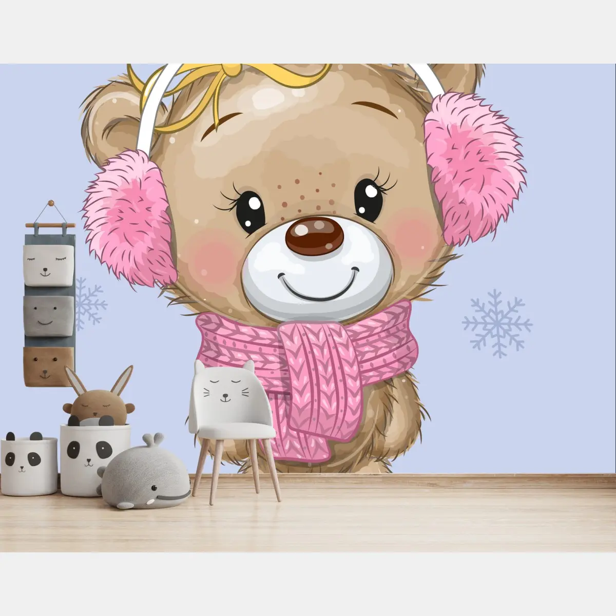 Fototapete süßer teddybär mit rosa ohrenschützern und schal – Pixers®