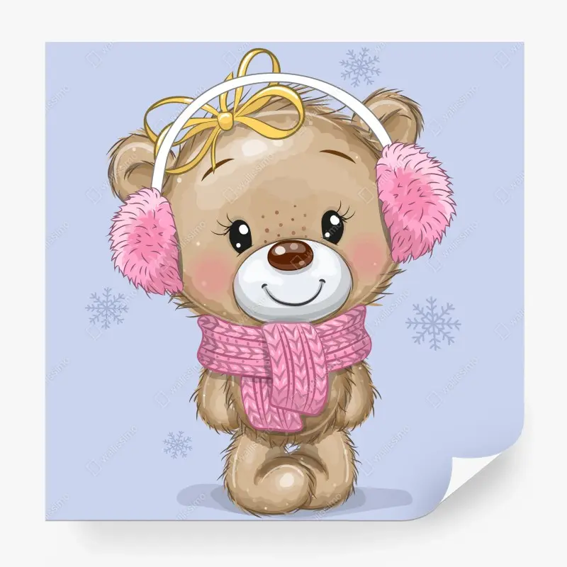 Fototapete süßer teddybär mit rosa ohrenschützern und schal