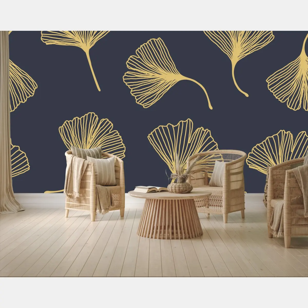 Fototapete goldene ginkgoblätter auf marineblauem hintergrund – Pixers®