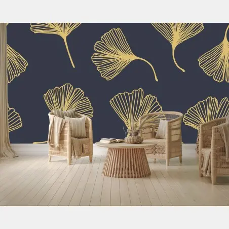 Fototapete goldene ginkgoblätter auf marineblauem hintergrund – Pixers®