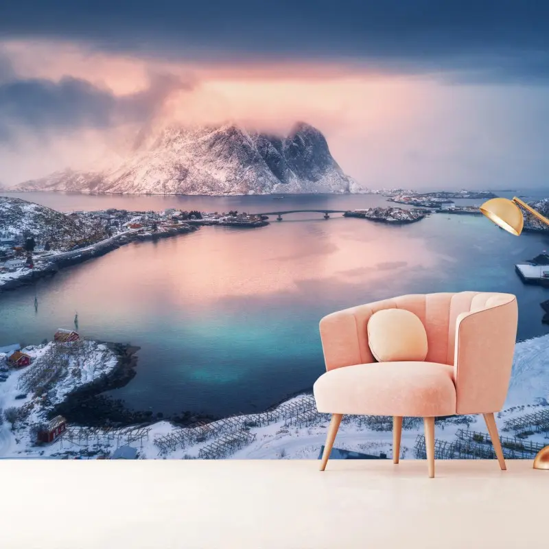 Fototapete ruhige pastell-fjordlandschaft im winter