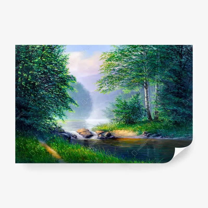 Fototapete ruhiger sommerwald mit wasserfall