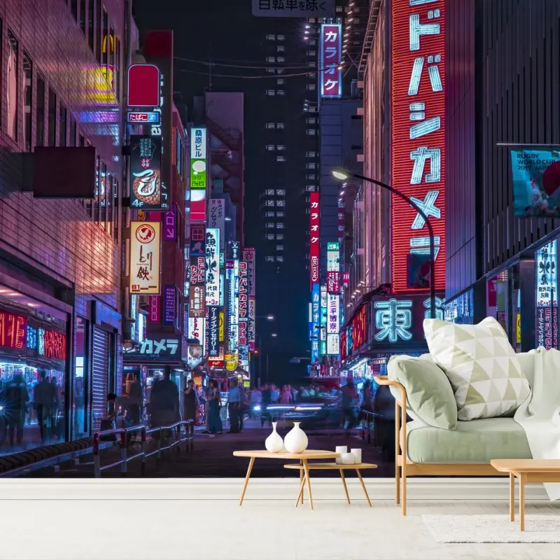 Fototapete neonbeleuchtete straße in Tokio bei nacht