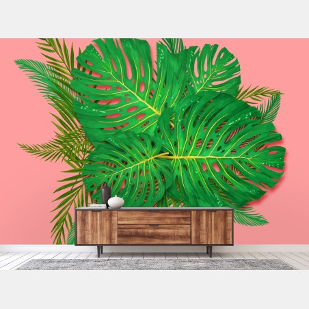 Fototapete monstera- und palmblätter vor rosa hintergrund – Pixers®