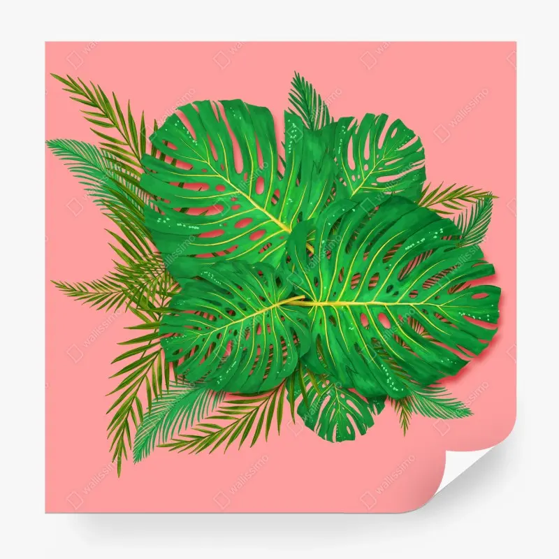 Fototapete monstera- und palmblätter vor rosa hintergrund