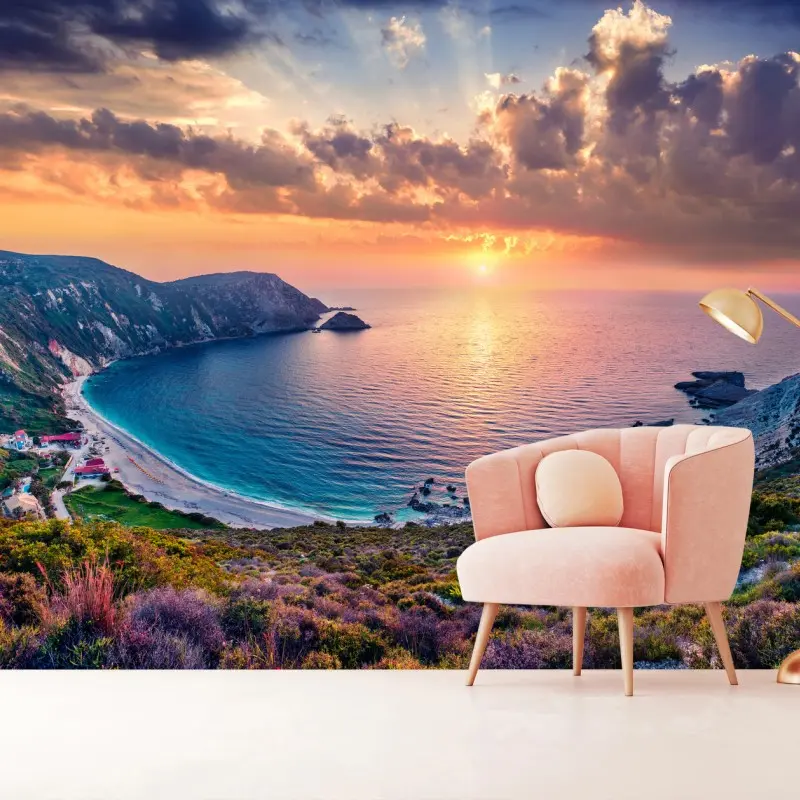 Fototapete majestätischer sonnenuntergang über dem strand Petani, Kefalonia