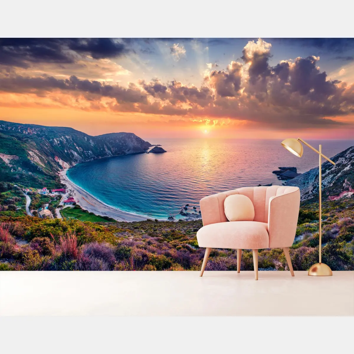 Fototapete majestätischer sonnenuntergang über dem strand Petani, Kefalonia – Pixers®
