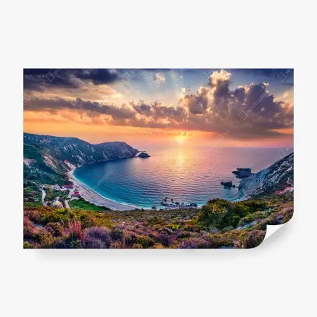 Fototapete majestätischer sonnenuntergang über dem strand Petani, Kefalonia – Pixers®