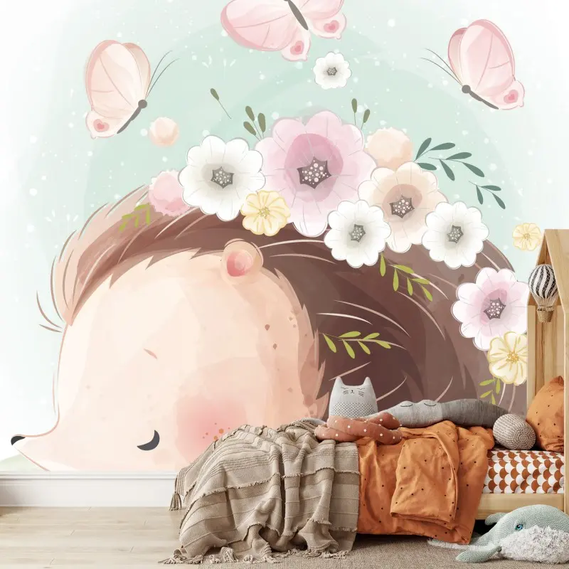 Fototapete schlafender igel mit blumen
