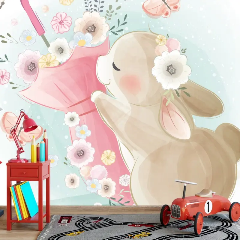 Fototapete niedlicher hase mit regenschirm und blumen