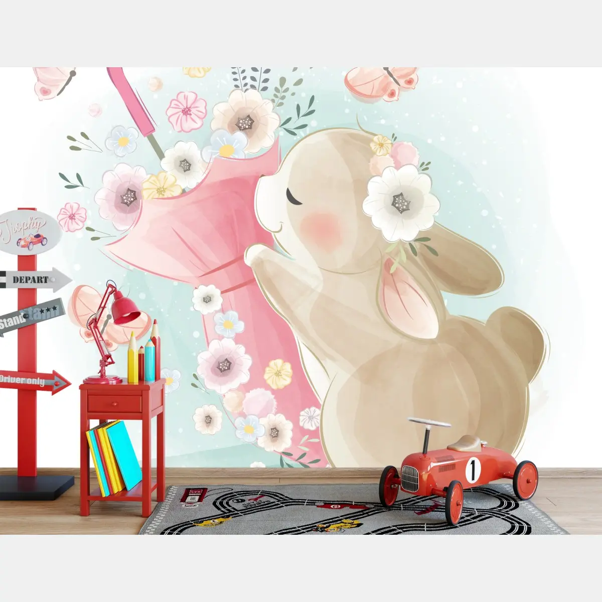 Fototapete niedlicher hase mit regenschirm und blumen – Pixers®