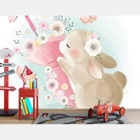 Fototapete niedlicher hase mit regenschirm und blumen – Pixers®