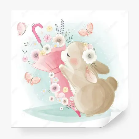 Fototapete niedlicher hase mit regenschirm und blumen – Pixers®