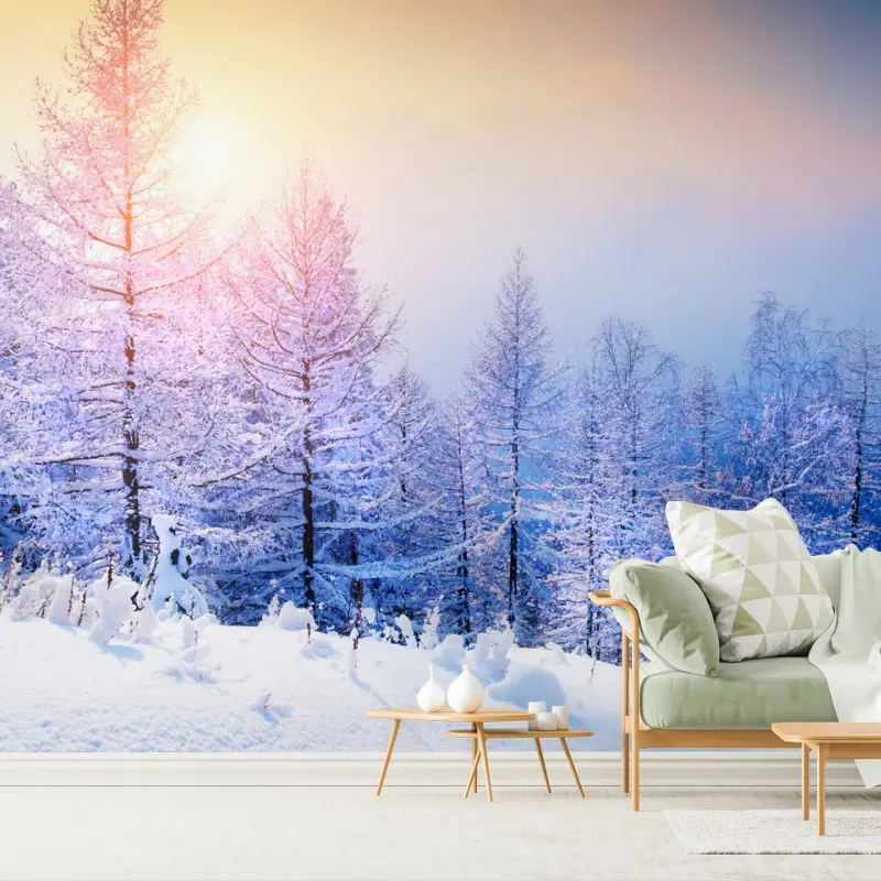 Fototapete winterlicher sonnenaufgang im verschneiten wald