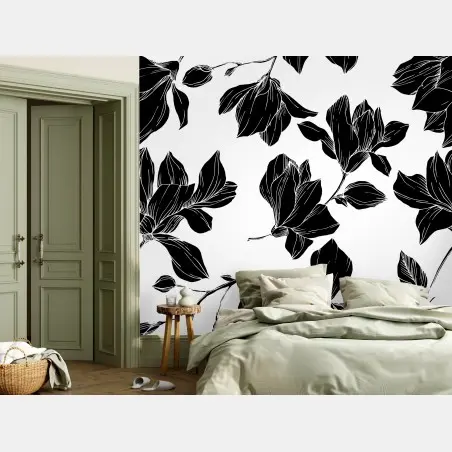 Fototapete monochromes blumen-silhouettenmuster – Pixers®