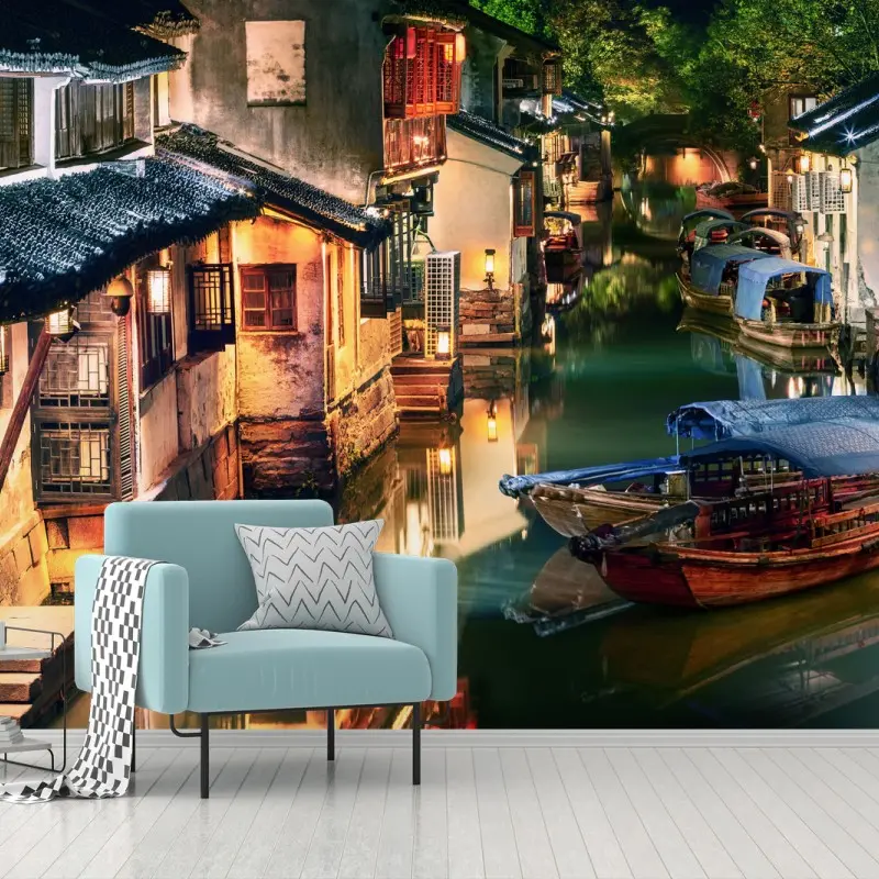 Fototapete mondbeleuchteter kanal in einer chinesischen wasserstadt