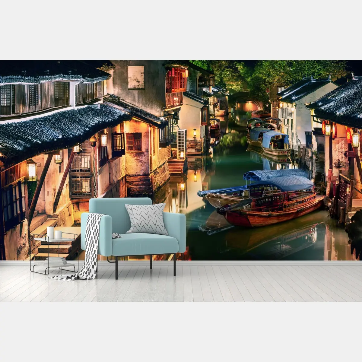 Fototapete mondbeleuchteter kanal in einer chinesischen wasserstadt – Pixers®