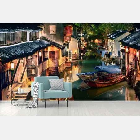 Fototapete mondbeleuchteter kanal in einer chinesischen wasserstadt – Pixers®