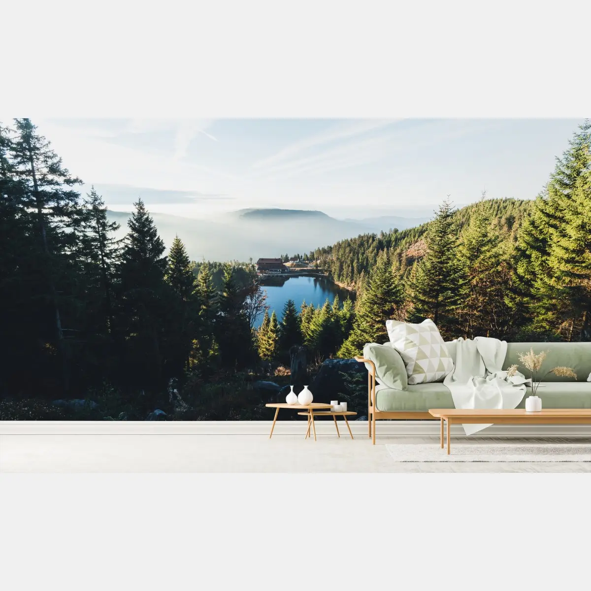 Fototapete neblige berglandschaft mit see – Pixers®