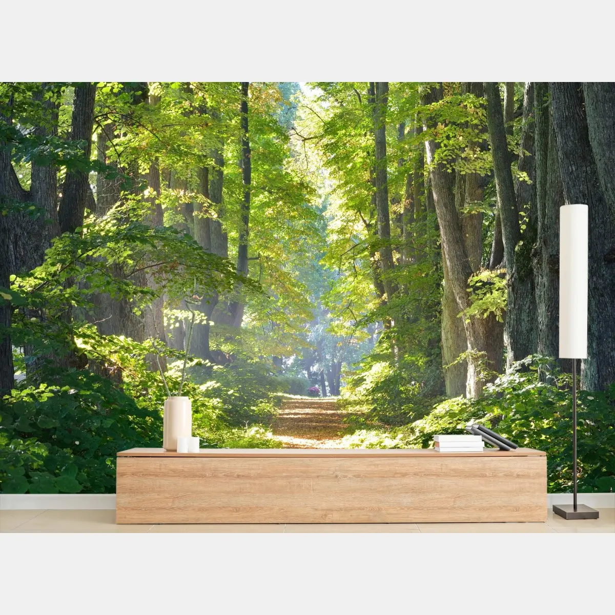 Fototapete sonniger waldweg im grünen – Pixers®