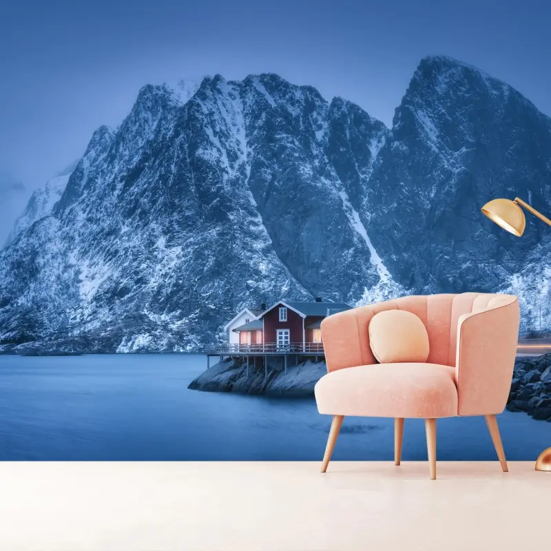Fototapete ruhige berghütte in der blauen stunde