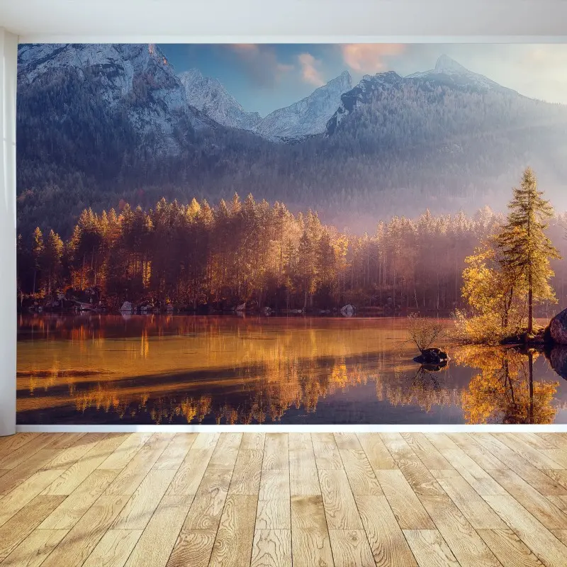 Fototapete goldener sonnenaufgang über bergsee
